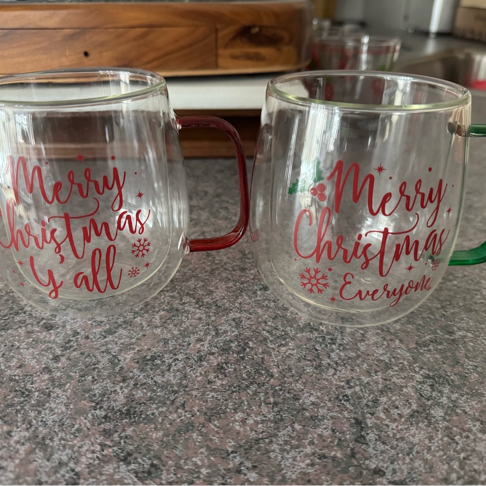 Christmas Glass Mugs with Red and Green Handles